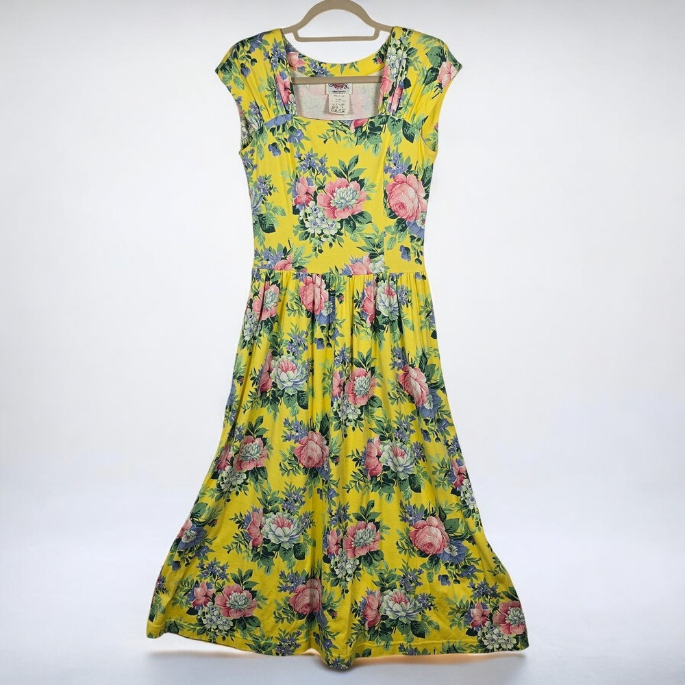 VTG Lanz Originals‎ Maxi Dress Yellow Floral Woman Size 4 Cap Sleeve Square Neck